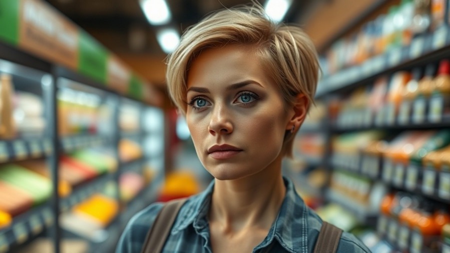 Serious Hispanic woman in grocery store raises food safety concerns about razor blade tampering.