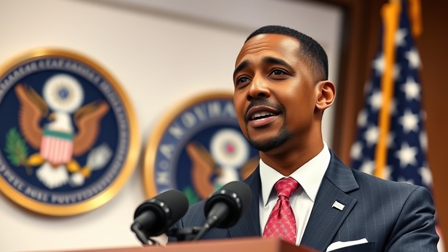 Confident black man at podium discussing healthcare reform news, U.S. headlines.