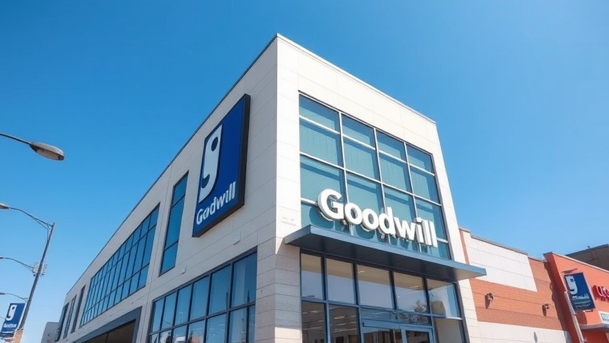 Modern commercial building with Goodwill logo, showcasing energy efficiency and heat pump technology.