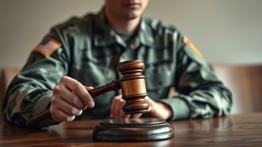 Soldier in camouflage with gavel, symbolizing military law and UCMJ regulations.