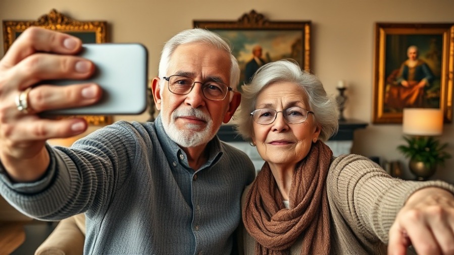 Elderly couple taking a selfie in a cozy living room, discussing federal employee health benefits.