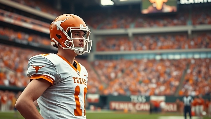Focused Texas Longhorn QB during NCAA recruiting updates, vibrant stadium atmosphere.