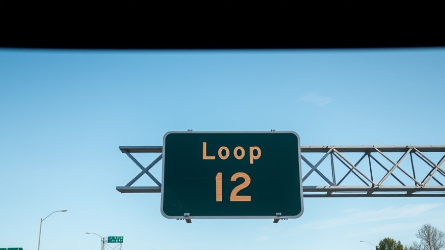 Overhead highway sign for Loop 12, highlighting traffic improvements for Dallas pedestrian safety.