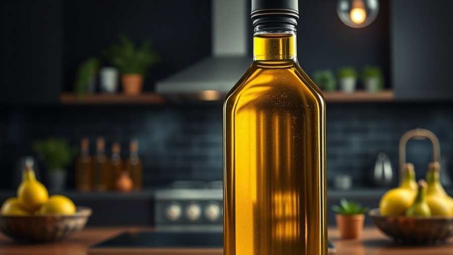 Vibrant olive oil bottle in modern kitchen, highlighting natural health tips.