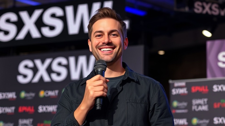 Confident man holding a microphone at SXSW, featuring latest Austin news and entertainment.