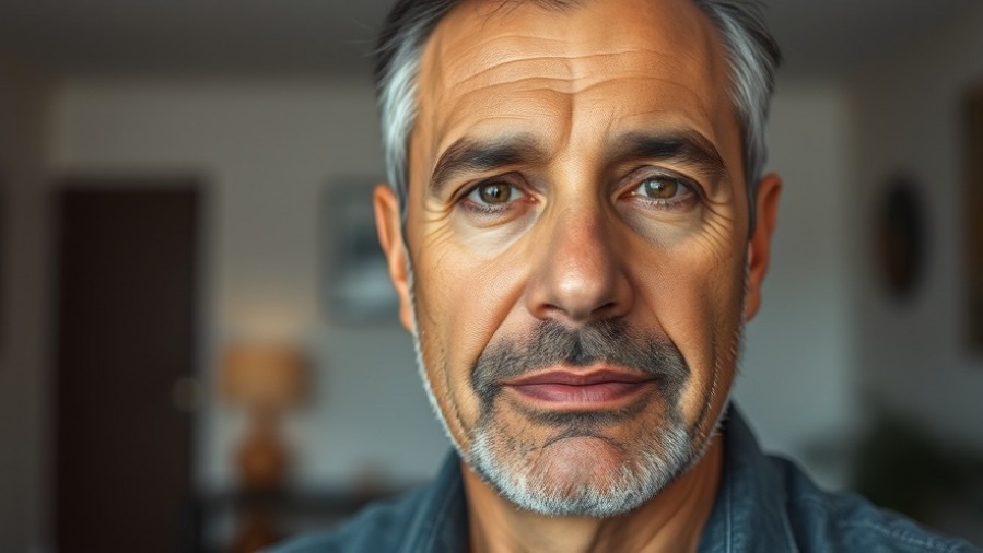 Middle-aged Hispanic man promotes domestic abuse awareness in a soft-lit portrait.