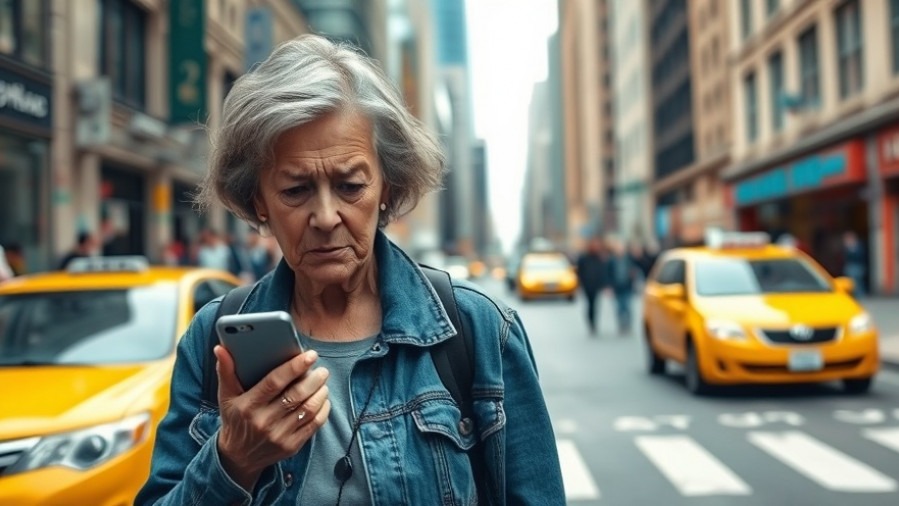 Older woman using phone in bustling city, embodying mindfulness and emotional regulation.