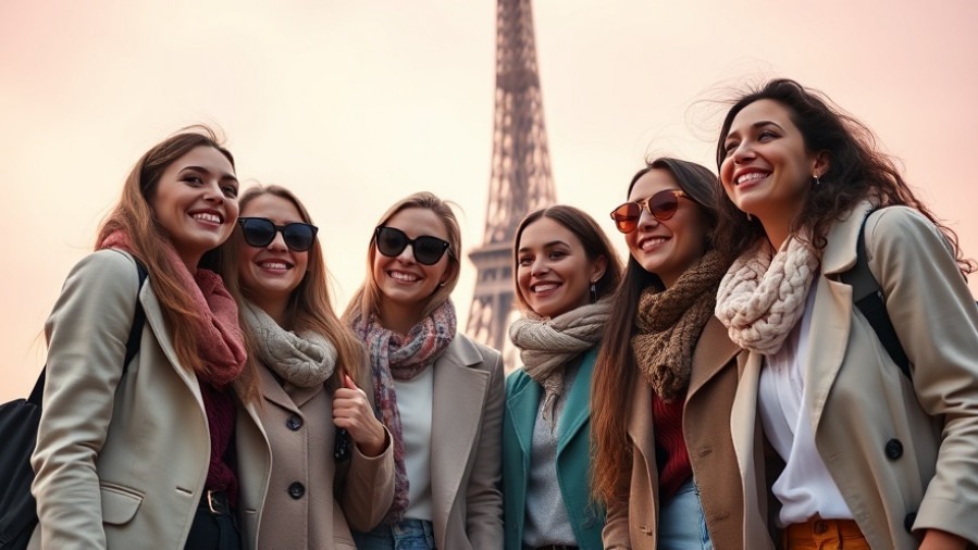 Four fashionable women enjoying Paris solo adventures with the Eiffel Tower at sunset.