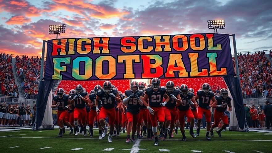 Dynamic Central Texas football scene with Legacy Ranch high school team and colorful banner.