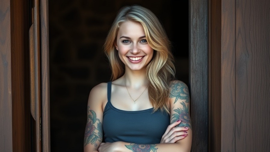Charismatic woman in rustic doorway, highlighting sustainable dining in Buda.