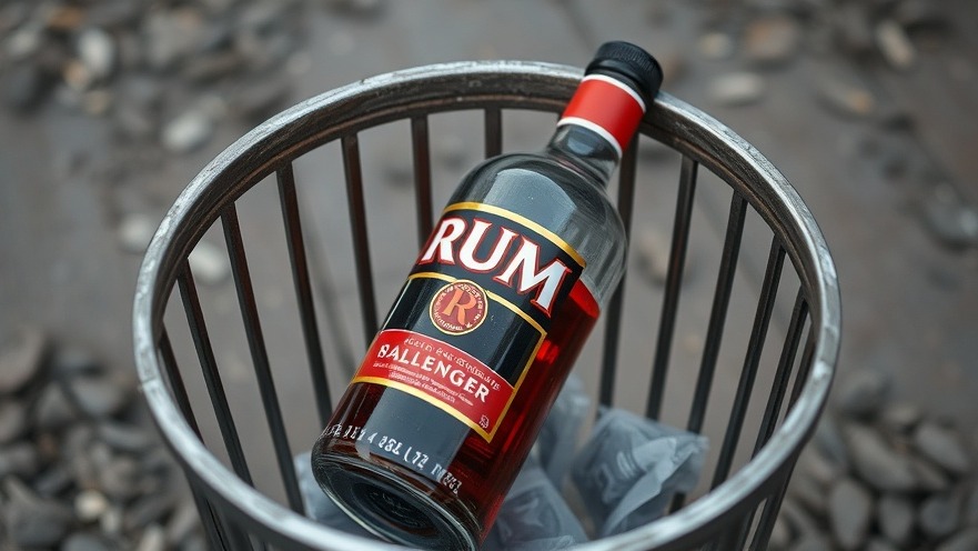Empty RUM bottle in trash can, highlighting mindful drinking benefits in health and wellness Austin.
