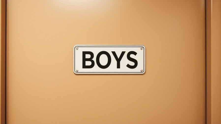 Restroom sign labeled 'BOYS', highlighting Loudoun County's Title IX investigation and policies.