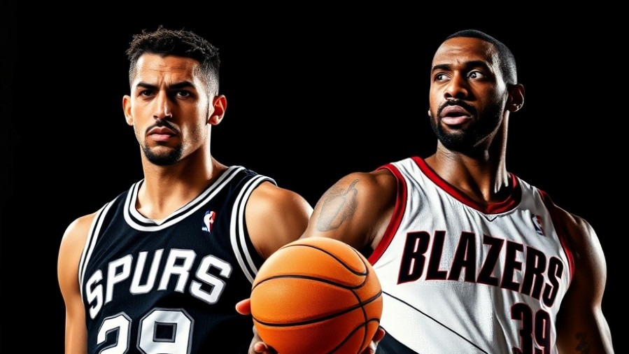 Dynamic NBA highlights graphic showcasing Spurs vs Blazers rivalry.