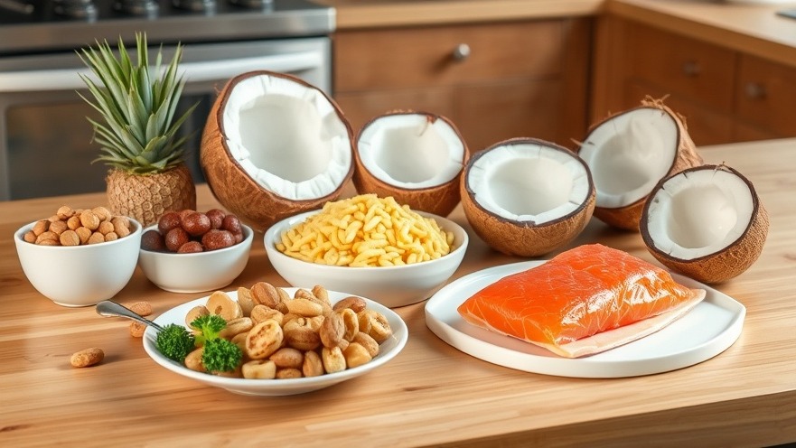 Healthy living tips Austin: fresh fruits, nuts, coconuts, and salmon on a kitchen table.