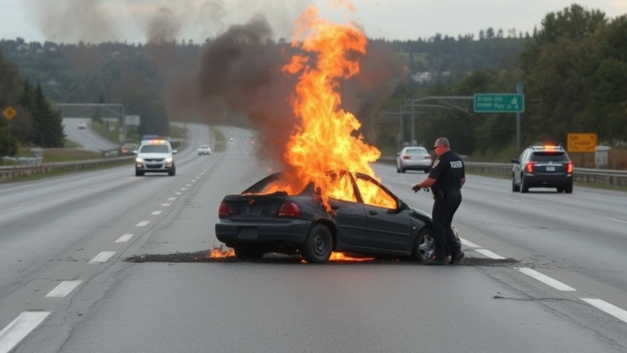 Flaming car wreck on highway highlights road safety and wrong-way driver statistics.