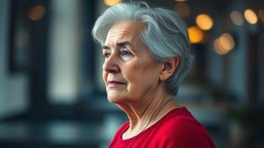 Serene older woman using mental health techniques for relaxation, blurred background.
