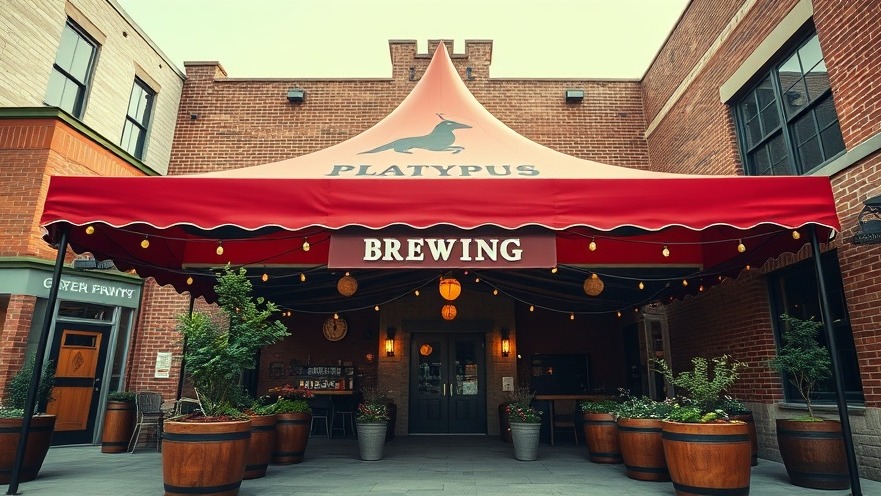 Charming local breweries entrance with Platypus Brewing logo, showcasing community impact.