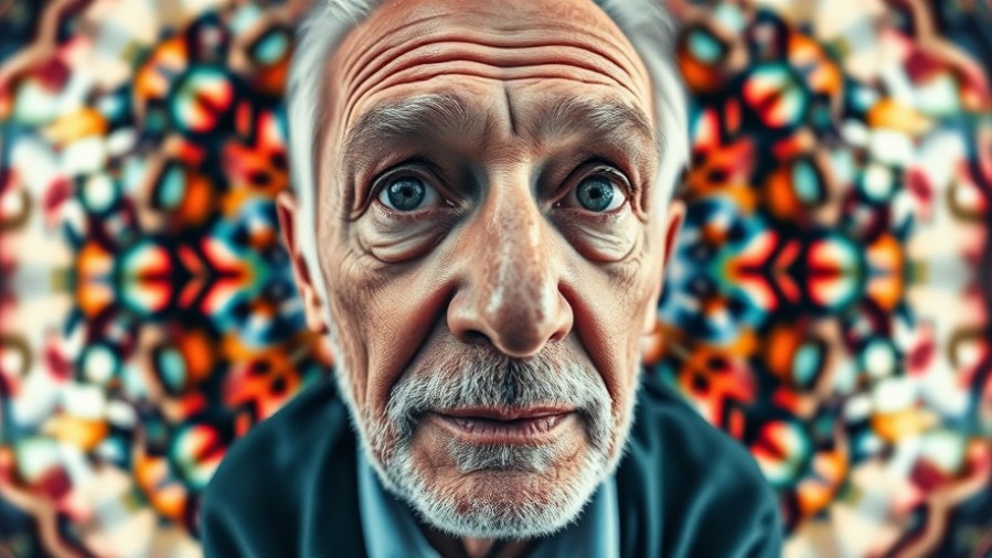 Abstract kaleidoscope of a contemplative senior man emphasizing mental health techniques.