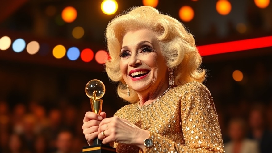 Dolly Parton celebrates philanthropy, holding an award on stage with bright lights.