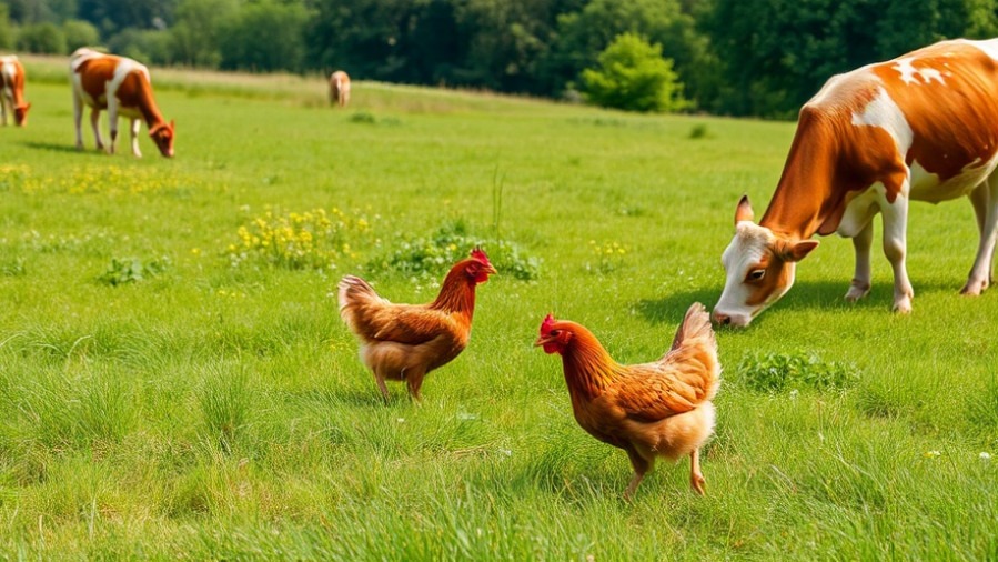 Chickens and cows grazing in a meadow, promoting ethical food consumption and sustainable agriculture.