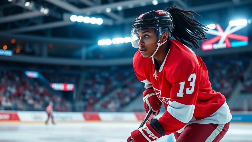 Focused American black female ice hockey player on Olympic rink, a role model in U.S. women's hockey.