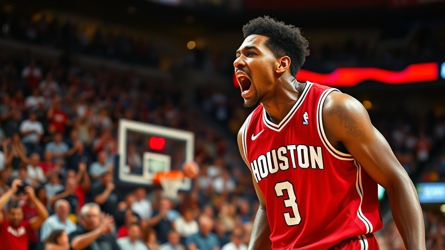 Houston Rockets highlights: Intense player in red jersey, shouting amidst a vibrant crowd.