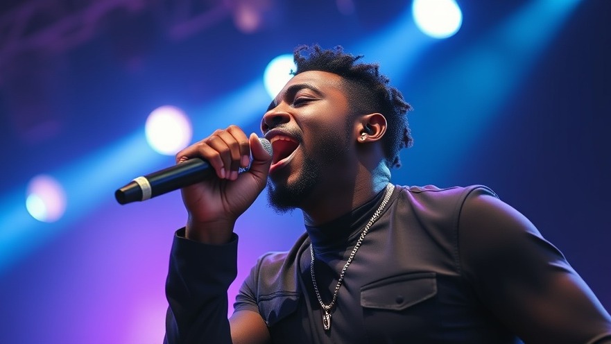 Energetic R&B artist passionately performing live at a San Antonio concert, vibrant stage lighting.