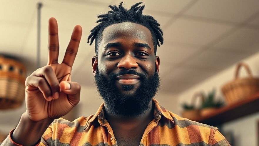 Casually dressed man making a peace sign indoors, highlighting community support in San Antonio.