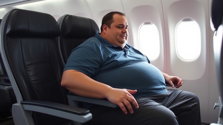 Obese man utilizing two airplane seats, highlighting airlines policy changes for plus-size travel experiences.