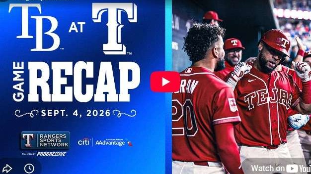 Rangers vs Rays Game Recap: Players celebrate in red jerseys during night game.