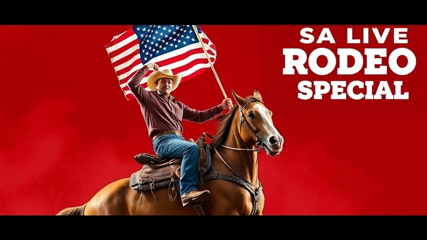 Exciting rodeo scene promoting San Antonio breaking news, cowboy with American flag.