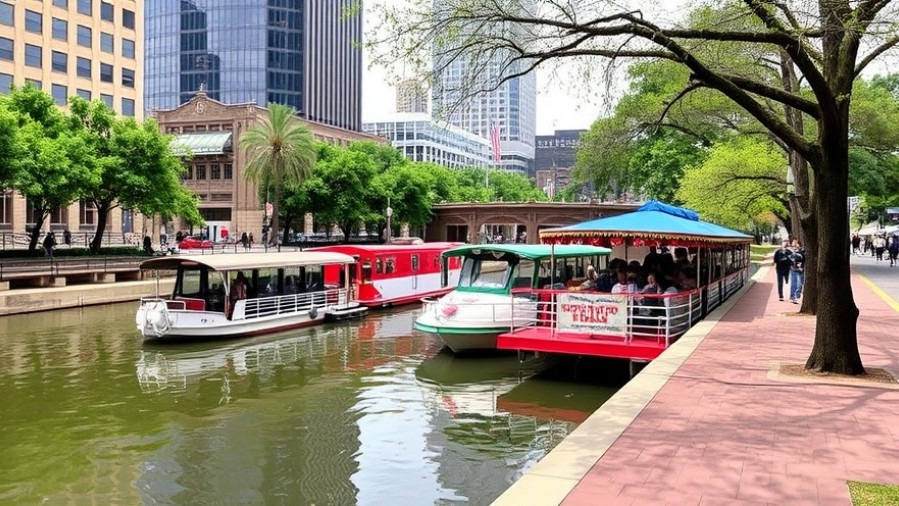 Tourist barges floating by the San Antonio River Walk sidewalk.