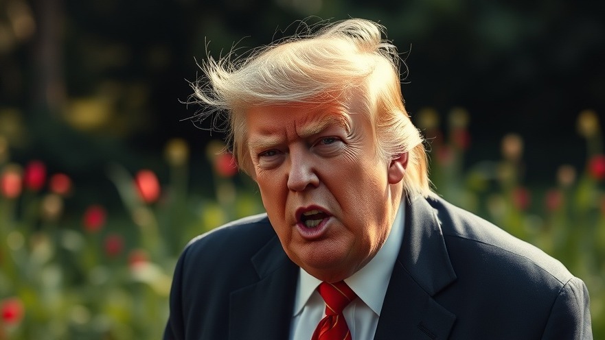 Photorealistic image of a grim Trump with blurred greenery, reflecting U.S. economy news.