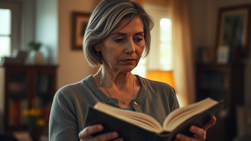 Focused middle-aged woman reading a book on Austin healthy living in a warm, lit indoor setting.