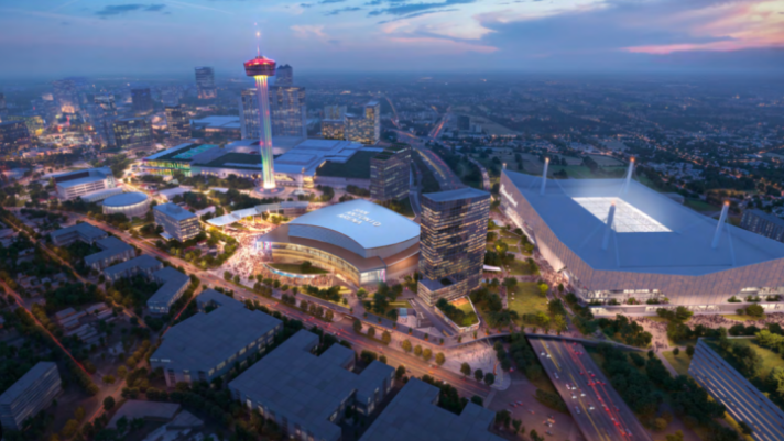San Antonio skyline with Tower of the Americas, business news focus.