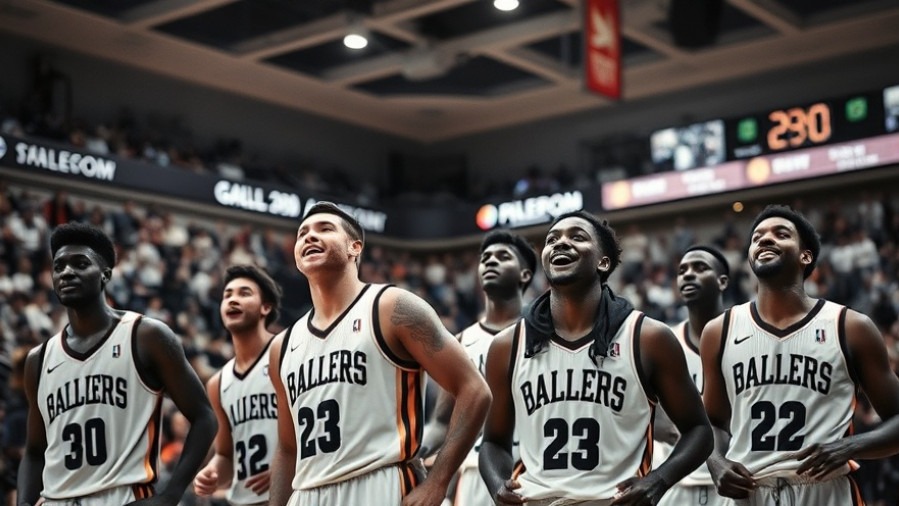 Emotional support in sports: basketball teammates celebrate in a vibrant arena.