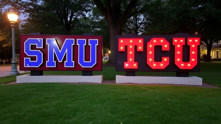 SMU and TCU signs highlighting college endowments and educational funding.