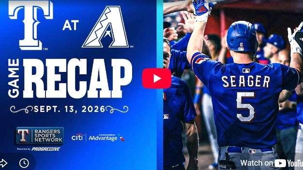 Rangers vs Diamondbacks highlights with player close-ups and team logos.