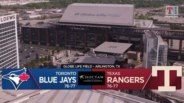Rangers vs Blue Jays recap with players celebrating on the field.
