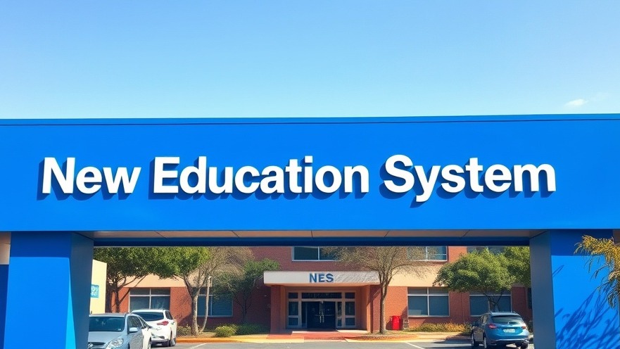 Bright blue sign reading 'New Education System' at Houston schools, showcasing HISD innovation.