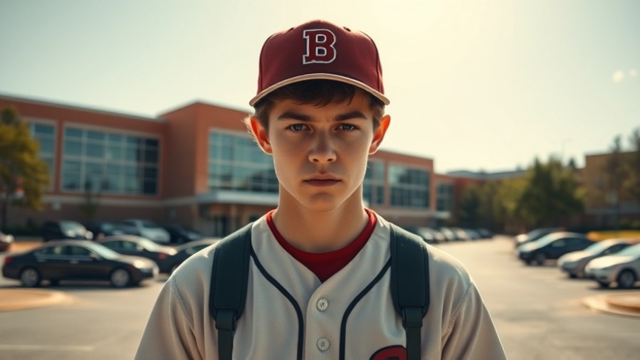 Vibrant high school scene with a sullen teen baseball player, highlighting juvenile justice issues.