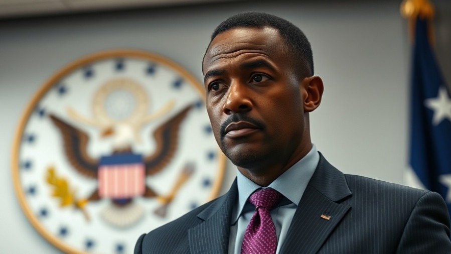 Serious middle-aged black man in suit with purple tie, professional setting.