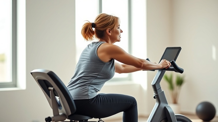 Middle-aged woman pedaling a recumbent bike in a bright room, showcasing benefits of recumbent bikes.