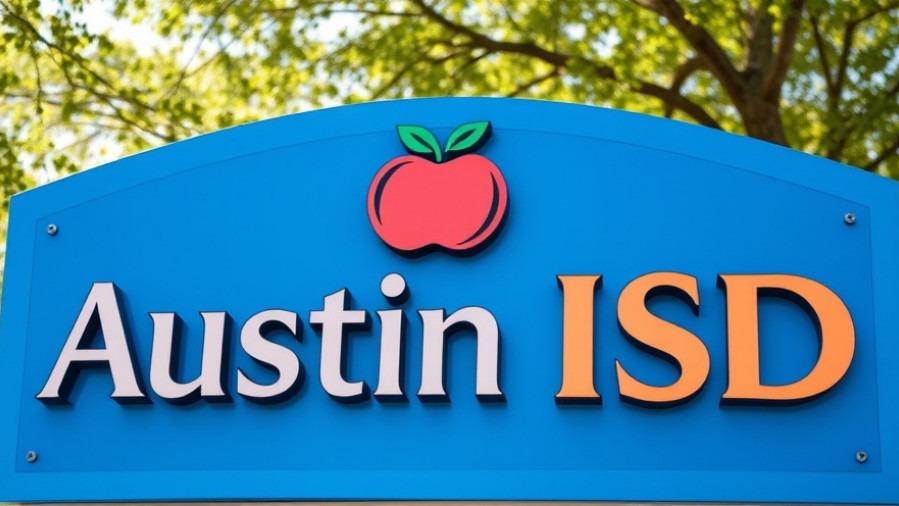 Photorealistic close-up of Austin ISD sign highlighting school closures and community feedback.