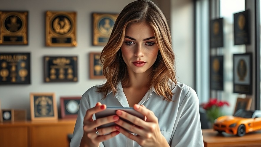 Young woman intrigued by smartphone technology in office setting with award plaques.
