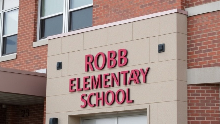 ROBB ELEMENTARY SCHOOL sign highlighting Uvalde officer trial discussions on school safety.