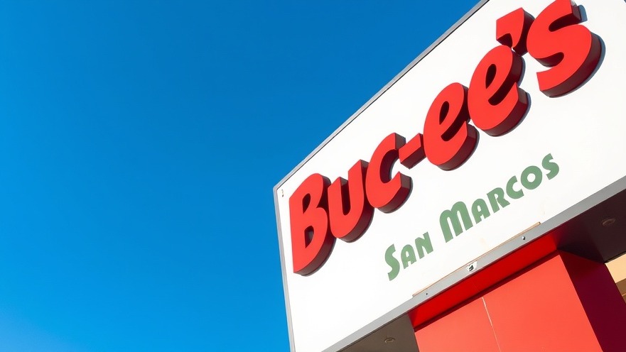 Close-up of Buc-ee's Texas travel center sign in San Marcos, showcasing the beaver logo.