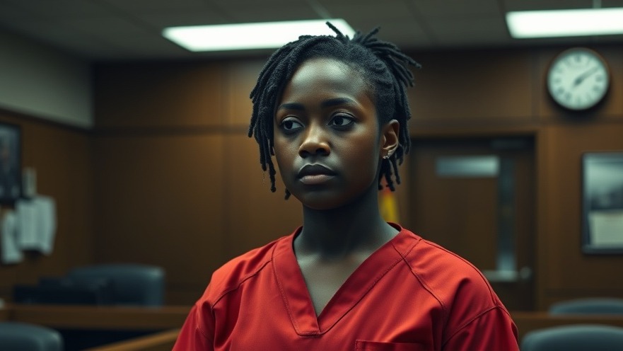 Solemn young black woman in red prison uniform, reflecting on community safety in courtroom.