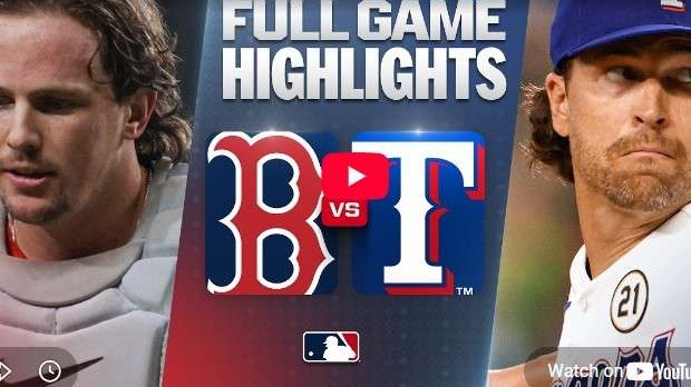 Red Sox vs. Rangers game highlights with player portraits.