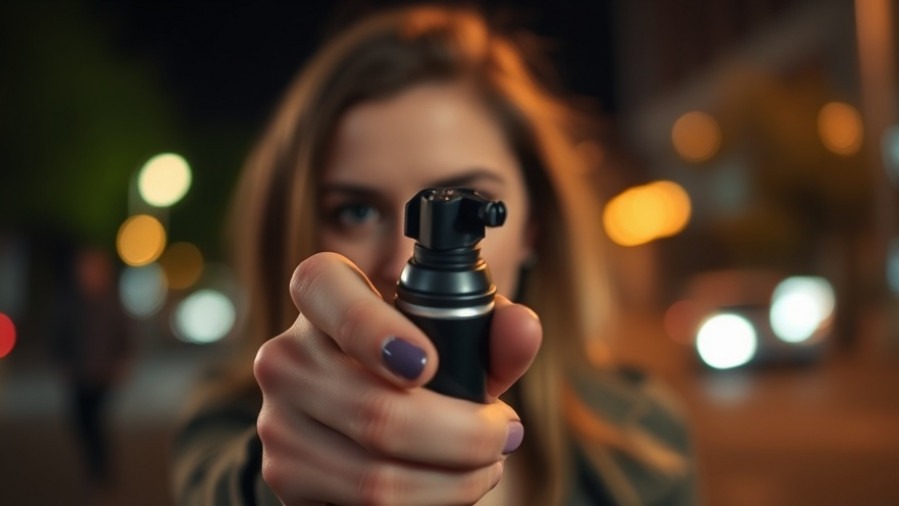 Candid shot of a woman alert with pepper spray, highlighting public safety concerns.